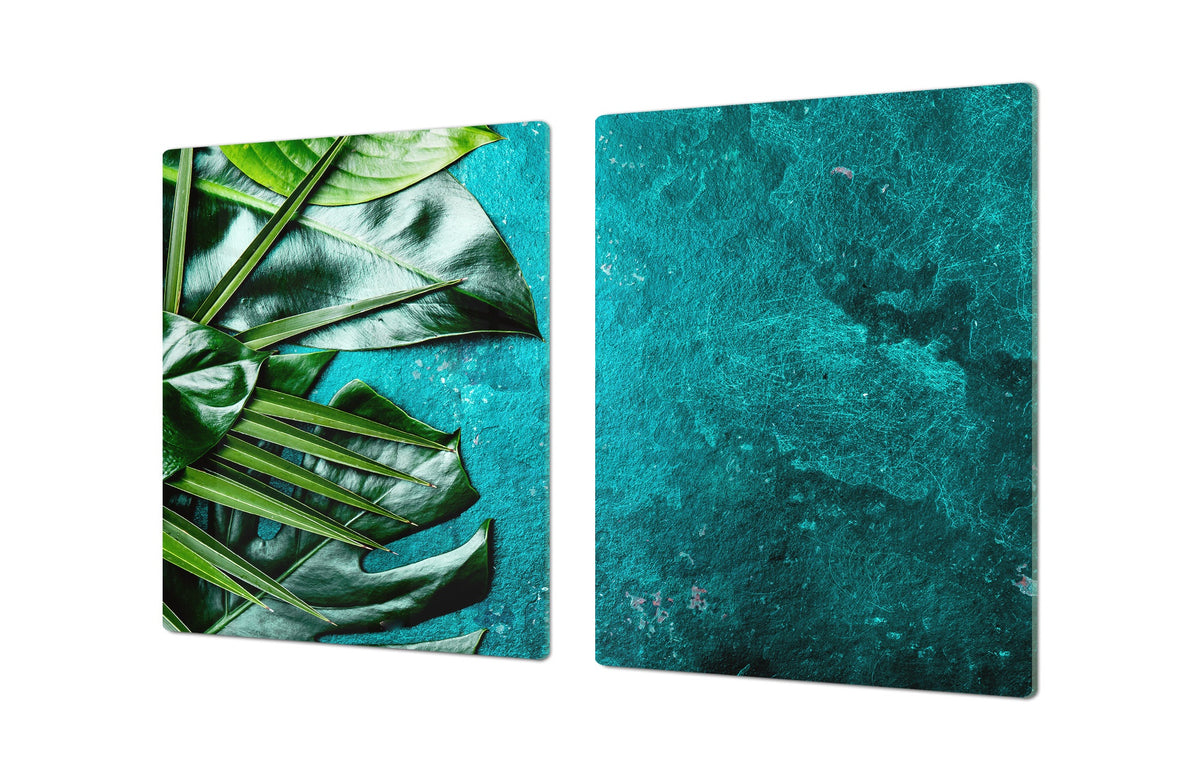 BIG KITCHEN BOARD & Induction Cooktop Cover – Glass Pastry Board – SINGLE: 80 x 52 cm (31,5” x 20,47”); DOUBLE: 40 x 52 cm (15,75” x 20,47”); DD41 Tropical Leaves Series: Tropical leaves background