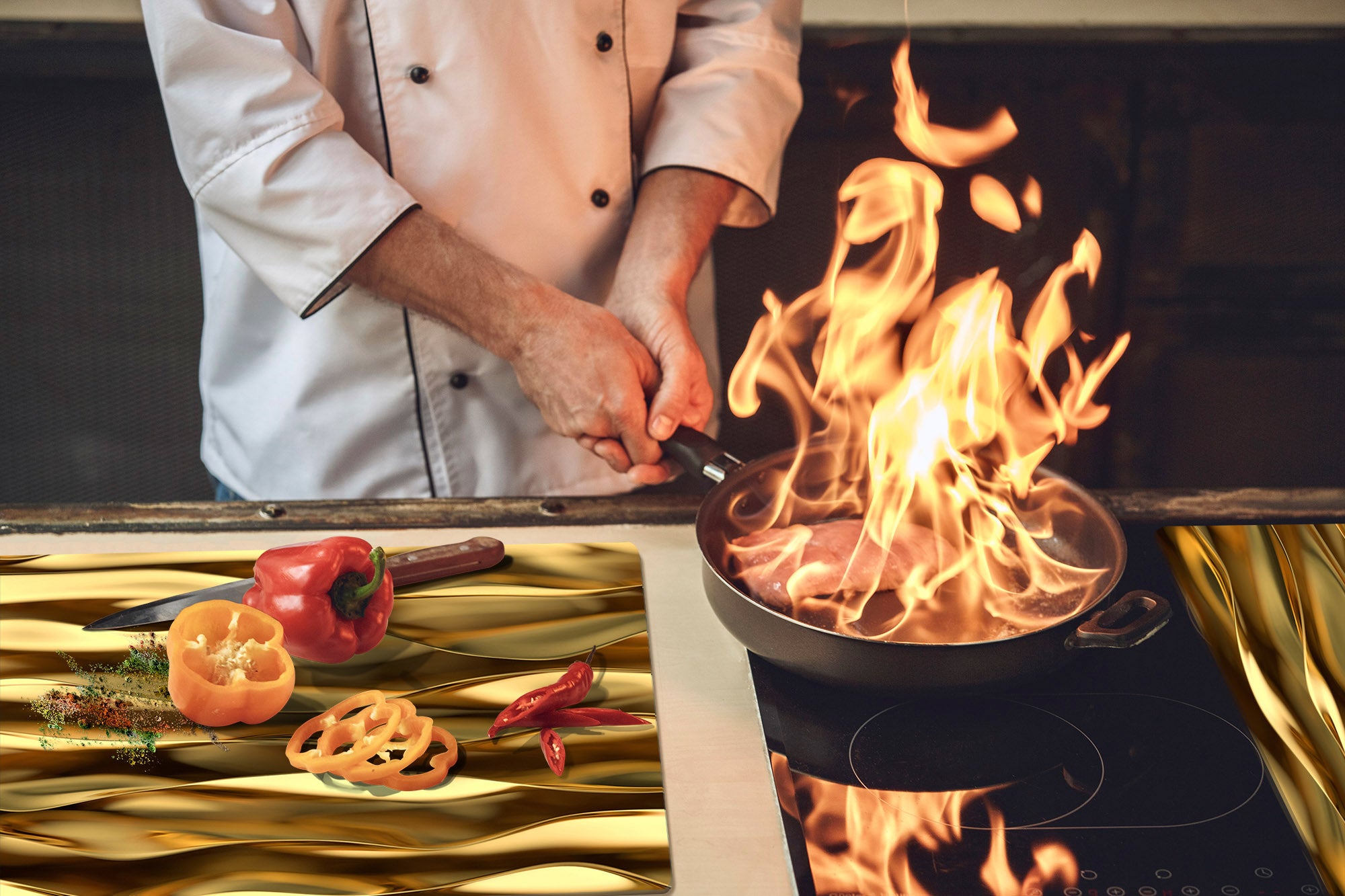 Gigantic Worktop saver and Pastry Board - Tempered GLASS Cutting Board - MEASURES: SINGLE: 80 x 52 cm; DOUBLE: 40 x 52 cm; DD38 Golden Waves Series: Liquid gold 1