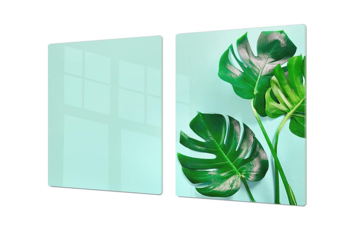 BIG KITCHEN BOARD & Induction Cooktop Cover – Glass Pastry Board – SINGLE: 80 x 52 cm (31,5” x 20,47”); DOUBLE: 40 x 52 cm (15,75” x 20,47”); DD41 Tropical Leaves Series: Monstera summer leaves