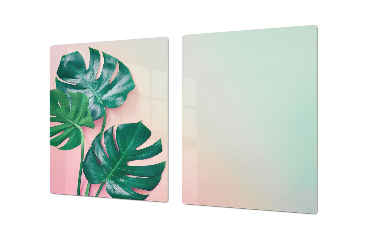 BIG KITCHEN BOARD & Induction Cooktop Cover – Glass Pastry Board – SINGLE: 80 x 52 cm (31,5” x 20,47”); DOUBLE: 40 x 52 cm (15,75” x 20,47”); DD41 Tropical Leaves Series: Monstera on pink background