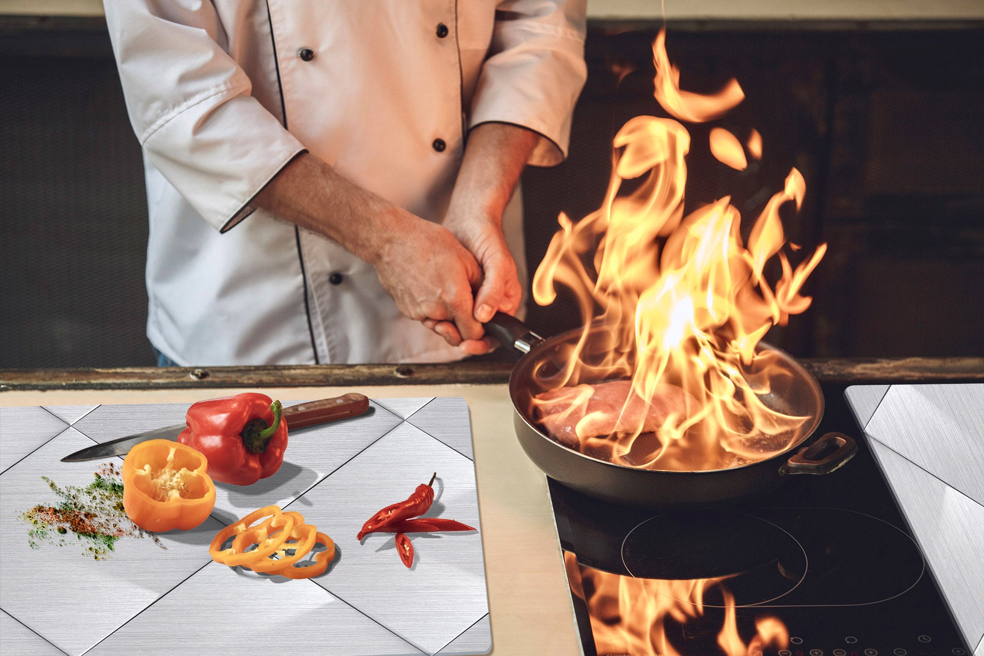 HUGE TEMPERED GLASS COOKTOP COVER – Glass Cutting Board and Worktop Saver – SINGLE: 80 x 52 cm (31,5” x 20,47”); DOUBLE: 40 x 52 cm (15,75” x 20,47”); DD40 Decorative Surfaces Series: Metal tiles