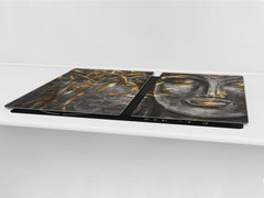 ENORMOUS  Tempered GLASS Chopping Board - Induction Cooktop Cover – SINGLE: 80 x 52 cm; DOUBLE: 40 x 52 cm; DD43 Abstract Graphics Series: Golden Buddha