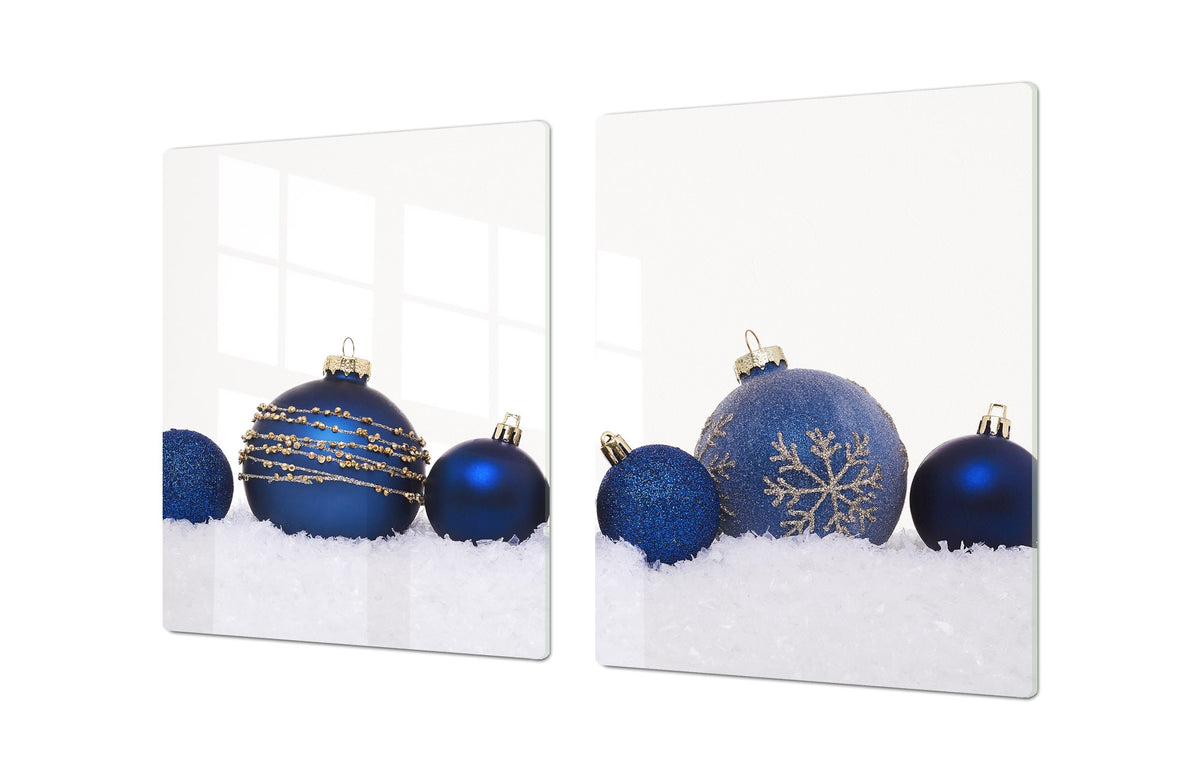 HUGE TEMPERED GLASS COOKTOP COVER - DD30 Christmas Series: Blue Christmas balls