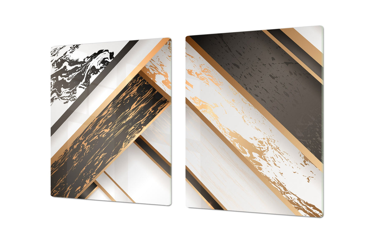 HUGE TEMPERED GLASS COOKTOP COVER – Glass Cutting Board and Worktop Saver – SINGLE: 80 x 52 cm (31,5” x 20,47”); DOUBLE: 40 x 52 cm (15,75” x 20,47”); DD40 Decorative Surfaces Series: Black and white interwoven with gold 1