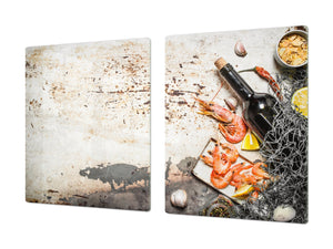 BIG KITCHEN BOARD & Induction Cooktop Cover – Glass Pastry Board - Food series DD16 Shrimp with wine