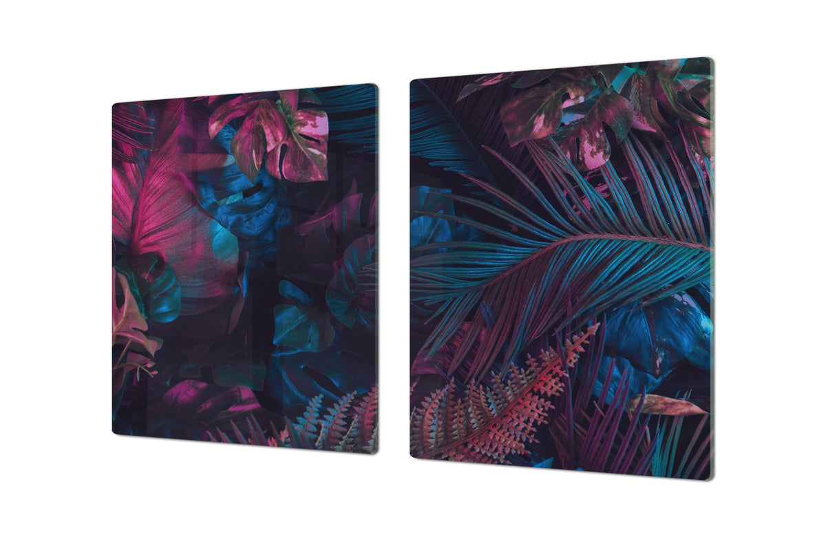 BIG KITCHEN BOARD & Induction Cooktop Cover – Glass Pastry Board – SINGLE: 80 x 52 cm (31,5” x 20,47”); DOUBLE: 40 x 52 cm (15,75” x 20,47”); DD41 Tropical Leaves Series: Fluorescent jungle