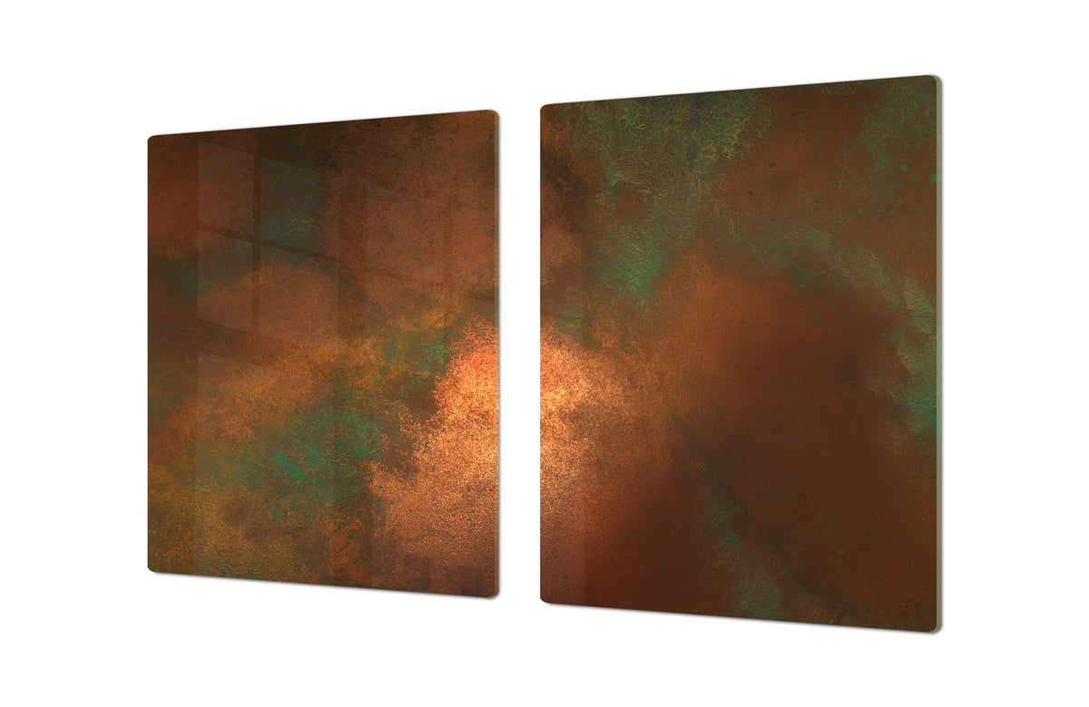 BIG KITCHEN BOARD & Induction Cooktop Cover – Glass Pastry Board DD34 Rusted textures Series: Oxidized copper with green accents