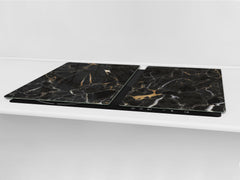 UNIQUE Tempered GLASS Kitchen Board – Impact & Scratch Resistant Cooktop cover DD32 Marbles 2 Series: Gold ripples on black background