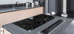 UNIQUE Tempered GLASS Kitchen Board – Impact & Scratch Resistant Cooktop cover DD32 Marbles 2 Series: Gold ripples on black background