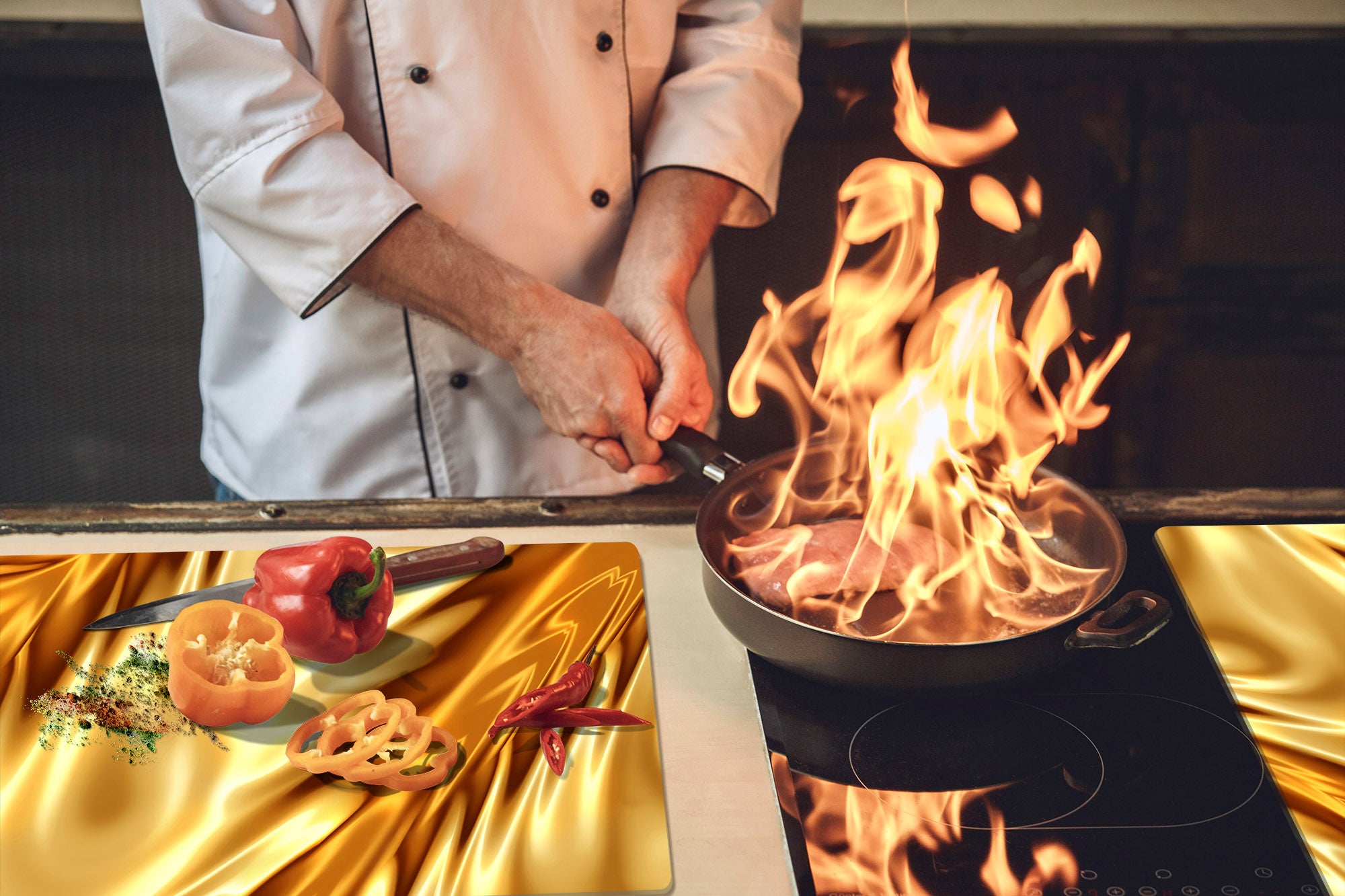 Gigantic Worktop saver and Pastry Board - Tempered GLASS Cutting Board - MEASURES: SINGLE: 80 x 52 cm; DOUBLE: 40 x 52 cm; DD38 Golden Waves Series: Luxury fabric 2