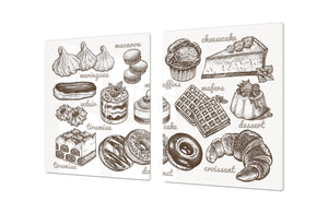 Tempered GLASS Cutting Board - Glass Kitchen Board; Cakes and Sweets Serie DD13 Desserts vintage set