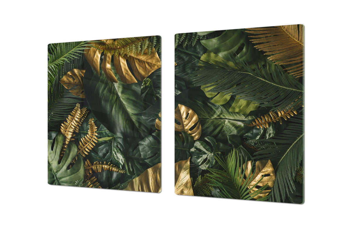 BIG KITCHEN BOARD & Induction Cooktop Cover – Glass Pastry Board – SINGLE: 80 x 52 cm (31,5” x 20,47”); DOUBLE: 40 x 52 cm (15,75” x 20,47”); DD41 Tropical Leaves Series: Gold-green jungle