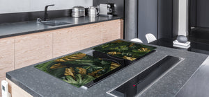 BIG KITCHEN BOARD & Induction Cooktop Cover – Glass Pastry Board – SINGLE: 80 x 52 cm (31,5” x 20,47”); DOUBLE: 40 x 52 cm (15,75” x 20,47”); DD41 Tropical Leaves Series: Gold-green jungle