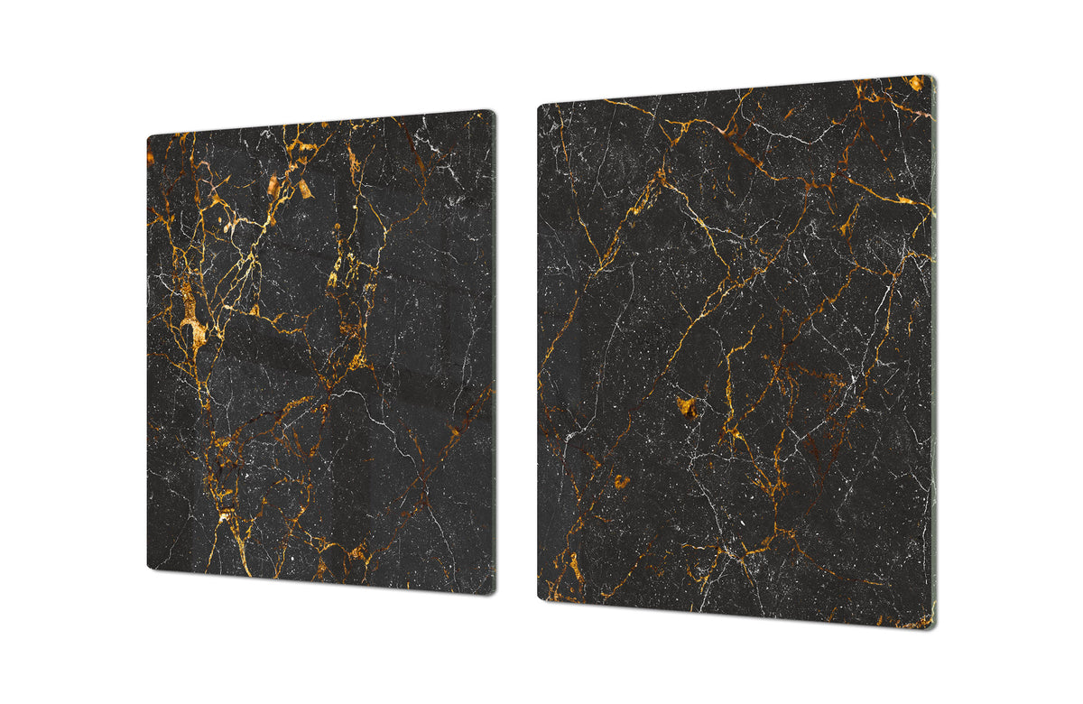 UNIQUE Tempered GLASS Kitchen Board – Impact & Scratch Resistant Cooktop cover DD32 Marbles 2 Series: Black interwoven with gold