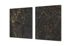 UNIQUE Tempered GLASS Kitchen Board – Impact & Scratch Resistant Cooktop cover DD32 Marbles 2 Series: Black interwoven with gold