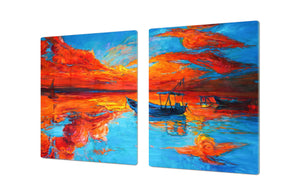 GIGANTIC CUTTING BOARD and Cooktop Cover - Glass Kitchen Board; SINGLE: 80 x 52 cm (31,5” x 20,47”); DOUBLE: 40 x 52 cm (15,75” x 20,47”); DD42 Paintings Series: Fishing boats and sea