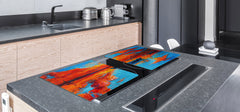 GIGANTIC CUTTING BOARD and Cooktop Cover - Glass Kitchen Board; SINGLE: 80 x 52 cm (31,5” x 20,47”); DOUBLE: 40 x 52 cm (15,75” x 20,47”); DD42 Paintings Series: Fishing boats and sea