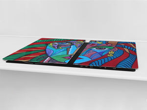 GIGANTIC CUTTING BOARD and Cooktop Cover - Glass Kitchen Board; SINGLE: 80 x 52 cm (31,5” x 20,47”); DOUBLE: 40 x 52 cm (15,75” x 20,47”); DD42 Paintings Series: Cubism illustration of an elegant woman