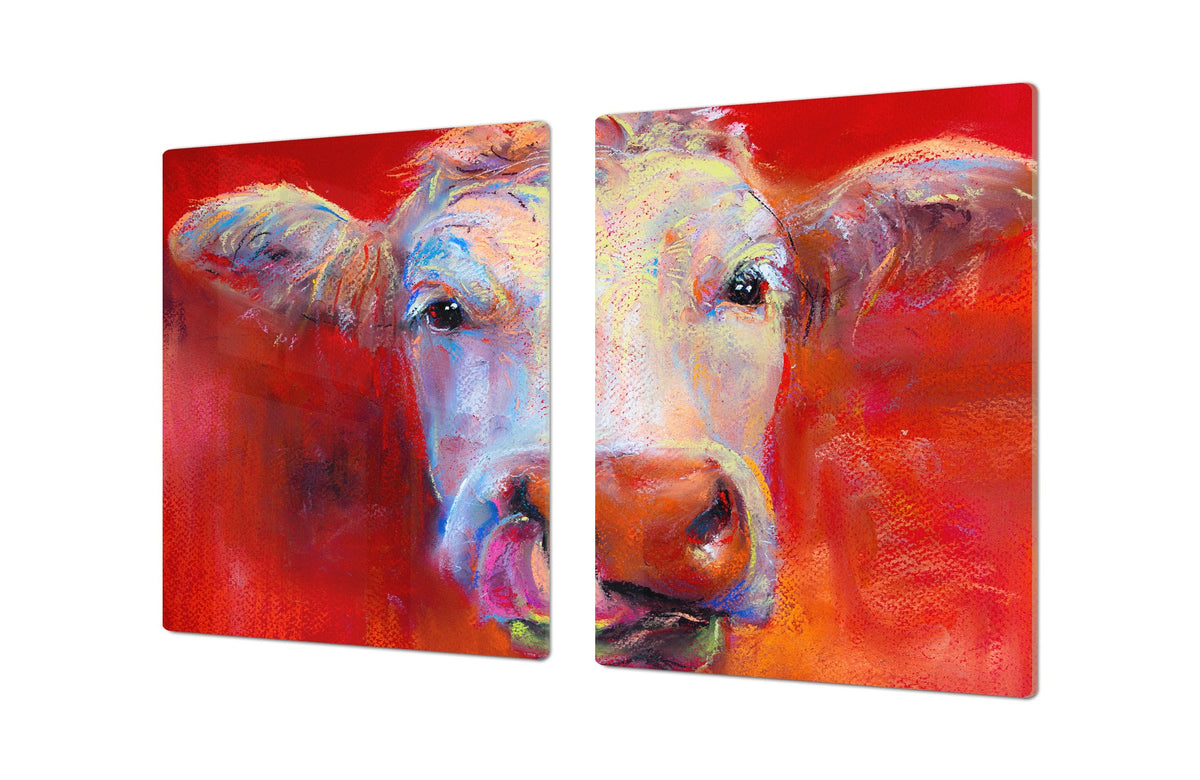GIGANTIC CUTTING BOARD and Cooktop Cover - Glass Kitchen Board; SINGLE: 80 x 52 cm (31,5” x 20,47”); DOUBLE: 40 x 52 cm (15,75” x 20,47”); DD42 Paintings Series: Pastel cow