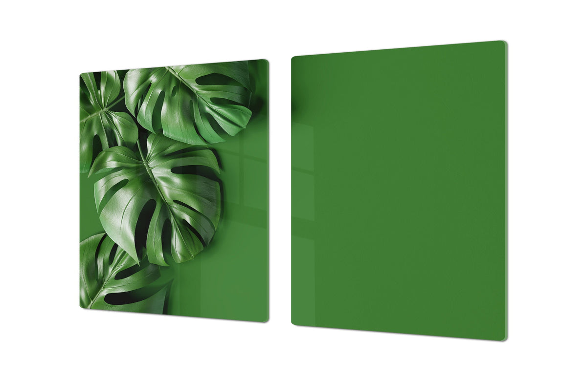 BIG KITCHEN BOARD & Induction Cooktop Cover – Glass Pastry Board – SINGLE: 80 x 52 cm (31,5” x 20,47”); DOUBLE: 40 x 52 cm (15,75” x 20,47”); DD41 Tropical Leaves Series: Green monstera deliciosa