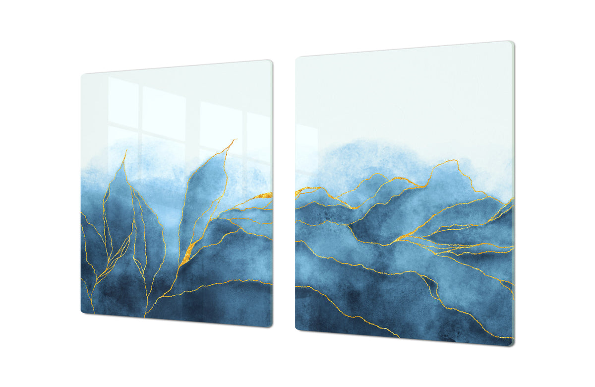 Gigantic Worktop saver and Pastry Board - Tempered GLASS Cutting Board DD21 Marbles 1 Series: Blue marble leaves