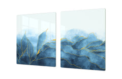 Gigantic Worktop saver and Pastry Board - Tempered GLASS Cutting Board DD21 Marbles 1 Series: Blue marble leaves