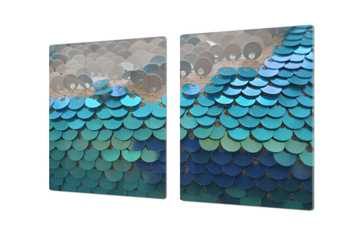 HUGE TEMPERED GLASS COOKTOP COVER – Glass Cutting Board and Worktop Saver – SINGLE: 80 x 52 cm (31,5” x 20,47”); DOUBLE: 40 x 52 cm (15,75” x 20,47”); DD40 Decorative Surfaces Series: Turquoise fish-like scale