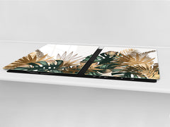 BIG KITCHEN BOARD & Induction Cooktop Cover – Glass Pastry Board – SINGLE: 80 x 52 cm (31,5” x 20,47”); DOUBLE: 40 x 52 cm (15,75” x 20,47”); DD41 Tropical Leaves Series: Tropical pattern