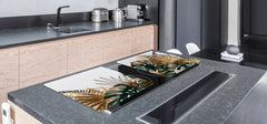 BIG KITCHEN BOARD & Induction Cooktop Cover – Glass Pastry Board – SINGLE: 80 x 52 cm (31,5” x 20,47”); DOUBLE: 40 x 52 cm (15,75” x 20,47”); DD41 Tropical Leaves Series: Tropical pattern