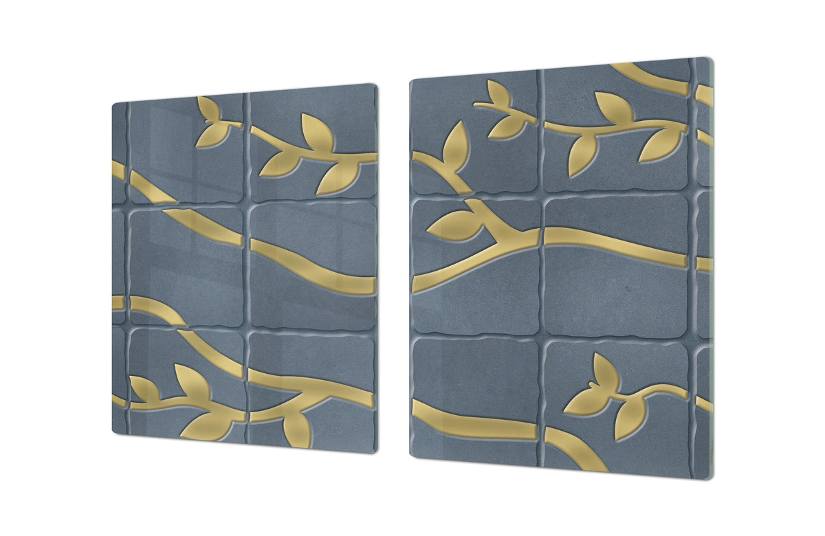 GIGANTIC CUTTING BOARD and Cooktop Cover - Glass Kitchen Board DD35 Textures and tiles 1 Series: Golden branches on a blue background