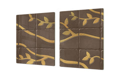 GIGANTIC CUTTING BOARD and Cooktop Cover - Glass Kitchen Board DD35 Textures and tiles 1 Series: Golden branches on a brown background