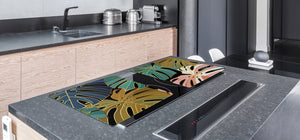 BIG KITCHEN BOARD & Induction Cooktop Cover – Glass Pastry Board – SINGLE: 80 x 52 cm (31,5” x 20,47”); DOUBLE: 40 x 52 cm (15,75” x 20,47”); DD41 Tropical Leaves Series: Vector art
