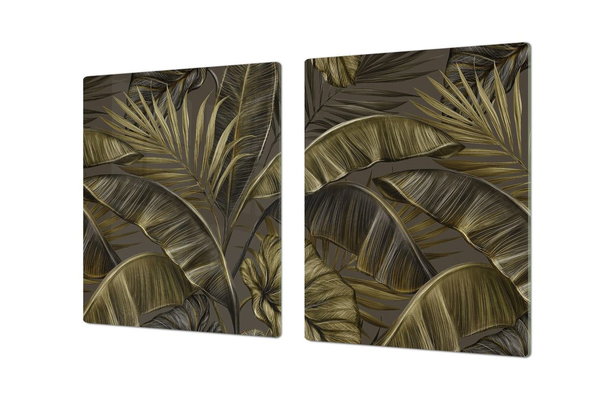 BIG KITCHEN BOARD & Induction Cooktop Cover – Glass Pastry Board – SINGLE: 80 x 52 cm (31,5” x 20,47”); DOUBLE: 40 x 52 cm (15,75” x 20,47”); DD41 Tropical Leaves Series: Dark banana leaves