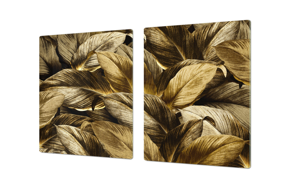 BIG KITCHEN BOARD & Induction Cooktop Cover – Glass Pastry Board – SINGLE: 80 x 52 cm (31,5” x 20,47”); DOUBLE: 40 x 52 cm (15,75” x 20,47”); DD41 Tropical Leaves Series: Precious leaves