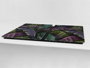 BIG KITCHEN BOARD & Induction Cooktop Cover – Glass Pastry Board – SINGLE: 80 x 52 cm (31,5” x 20,47”); DOUBLE: 40 x 52 cm (15,75” x 20,47”); DD41 Tropical Leaves Series: Dark exotic pattern