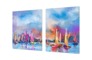 GIGANTIC CUTTING BOARD and Cooktop Cover - Glass Kitchen Board; SINGLE: 80 x 52 cm (31,5” x 20,47”); DOUBLE: 40 x 52 cm (15,75” x 20,47”); DD42 Paintings Series: Impressionist seascape