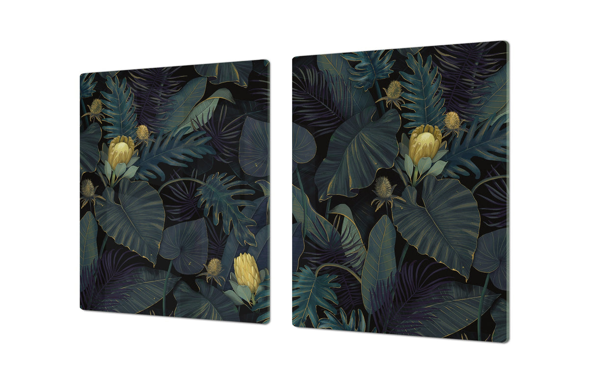 BIG KITCHEN BOARD & Induction Cooktop Cover – Glass Pastry Board – SINGLE: 80 x 52 cm (31,5” x 20,47”); DOUBLE: 40 x 52 cm (15,75” x 20,47”); DD41 Tropical Leaves Series: Leafy wallpaper