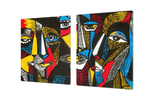 GIGANTIC CUTTING BOARD and Cooktop Cover - Glass Kitchen Board; SINGLE: 80 x 52 cm (31,5” x 20,47”); DOUBLE: 40 x 52 cm (15,75” x 20,47”); DD42 Paintings Series: Surreal coloured faces
