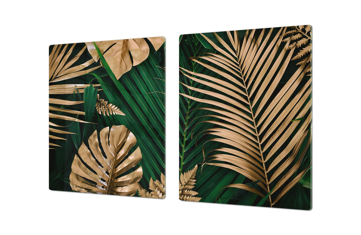 BIG KITCHEN BOARD & Induction Cooktop Cover – Glass Pastry Board – SINGLE: 80 x 52 cm (31,5” x 20,47”); DOUBLE: 40 x 52 cm (15,75” x 20,47”); DD41 Tropical Leaves Series: Creative nature background