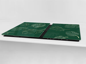 BIG KITCHEN BOARD & Induction Cooktop Cover – Glass Pastry Board – SINGLE: 80 x 52 cm (31,5” x 20,47”); DOUBLE: 40 x 52 cm (15,75” x 20,47”); DD41 Tropical Leaves Series: Modern monstera leaves