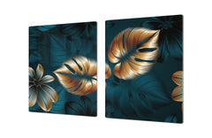 BIG KITCHEN BOARD & Induction Cooktop Cover – Glass Pastry Board – SINGLE: 80 x 52 cm (31,5” x 20,47”); DOUBLE: 40 x 52 cm (15,75” x 20,47”); DD41 Tropical Leaves Series: Shining luxury leaves