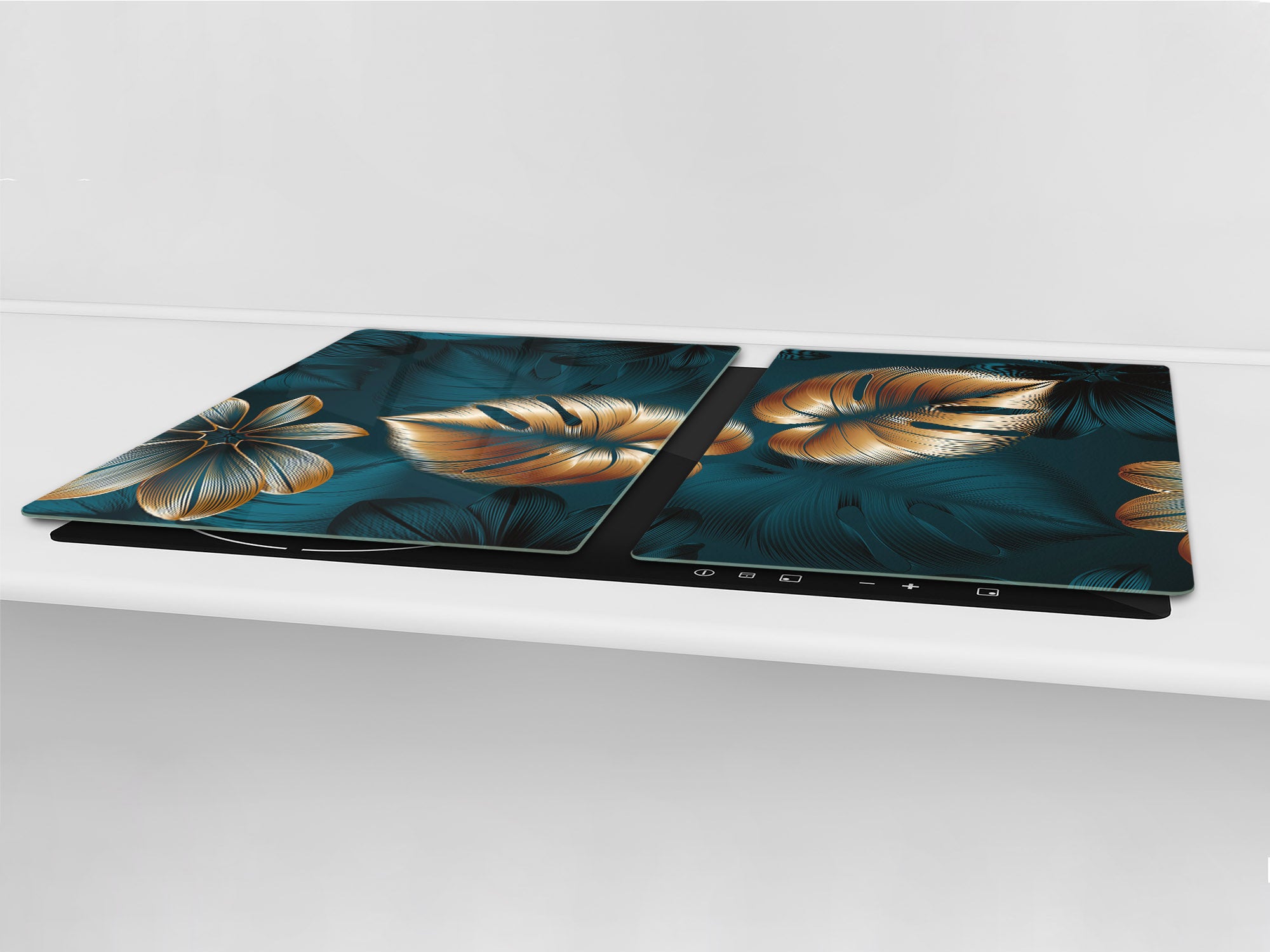 BIG KITCHEN BOARD & Induction Cooktop Cover – Glass Pastry Board – SINGLE: 80 x 52 cm (31,5” x 20,47”); DOUBLE: 40 x 52 cm (15,75” x 20,47”); DD41 Tropical Leaves Series: Shining luxury leaves