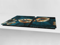 BIG KITCHEN BOARD & Induction Cooktop Cover – Glass Pastry Board – SINGLE: 80 x 52 cm (31,5” x 20,47”); DOUBLE: 40 x 52 cm (15,75” x 20,47”); DD41 Tropical Leaves Series: Shining luxury leaves