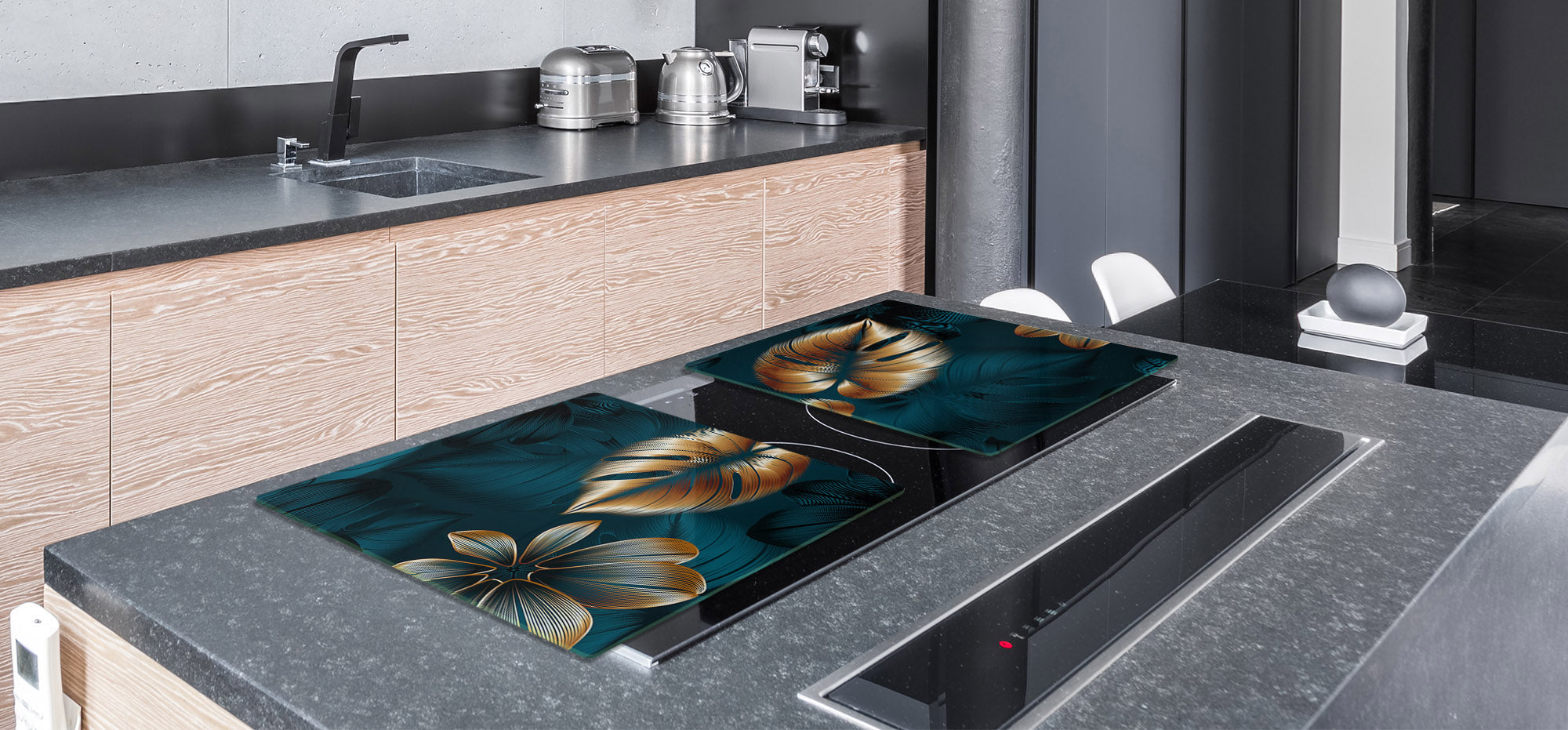 BIG KITCHEN BOARD & Induction Cooktop Cover – Glass Pastry Board – SINGLE: 80 x 52 cm (31,5” x 20,47”); DOUBLE: 40 x 52 cm (15,75” x 20,47”); DD41 Tropical Leaves Series: Shining luxury leaves