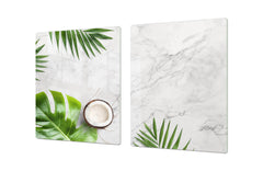 BIG KITCHEN BOARD & Induction Cooktop Cover – Glass Pastry Board – SINGLE: 80 x 52 cm (31,5” x 20,47”); DOUBLE: 40 x 52 cm (15,75” x 20,47”); DD41 Tropical Leaves Series: Summer concept