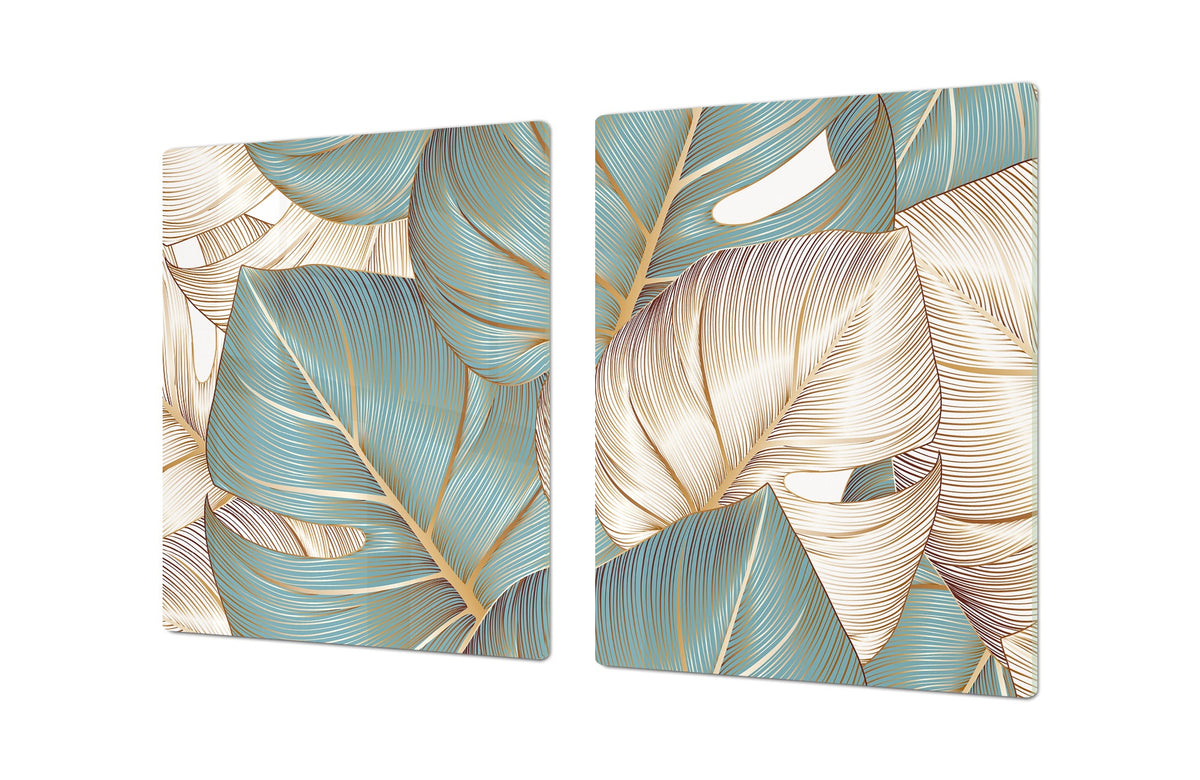 BIG KITCHEN BOARD & Induction Cooktop Cover – Glass Pastry Board – SINGLE: 80 x 52 cm (31,5” x 20,47”); DOUBLE: 40 x 52 cm (15,75” x 20,47”); DD41 Tropical Leaves Series: Romantic monstera pattern