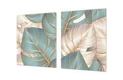 BIG KITCHEN BOARD & Induction Cooktop Cover – Glass Pastry Board – SINGLE: 80 x 52 cm (31,5” x 20,47”); DOUBLE: 40 x 52 cm (15,75” x 20,47”); DD41 Tropical Leaves Series: Romantic monstera pattern