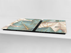BIG KITCHEN BOARD & Induction Cooktop Cover – Glass Pastry Board – SINGLE: 80 x 52 cm (31,5” x 20,47”); DOUBLE: 40 x 52 cm (15,75” x 20,47”); DD41 Tropical Leaves Series: Romantic monstera pattern