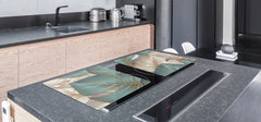 BIG KITCHEN BOARD & Induction Cooktop Cover – Glass Pastry Board – SINGLE: 80 x 52 cm (31,5” x 20,47”); DOUBLE: 40 x 52 cm (15,75” x 20,47”); DD41 Tropical Leaves Series: Romantic monstera pattern