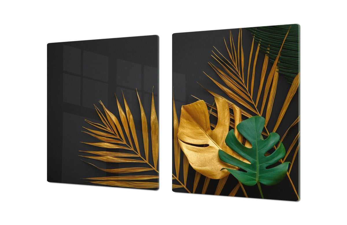 BIG KITCHEN BOARD & Induction Cooktop Cover – Glass Pastry Board – SINGLE: 80 x 52 cm (31,5” x 20,47”); DOUBLE: 40 x 52 cm (15,75” x 20,47”); DD41 Tropical Leaves Series: Painted gold leaves